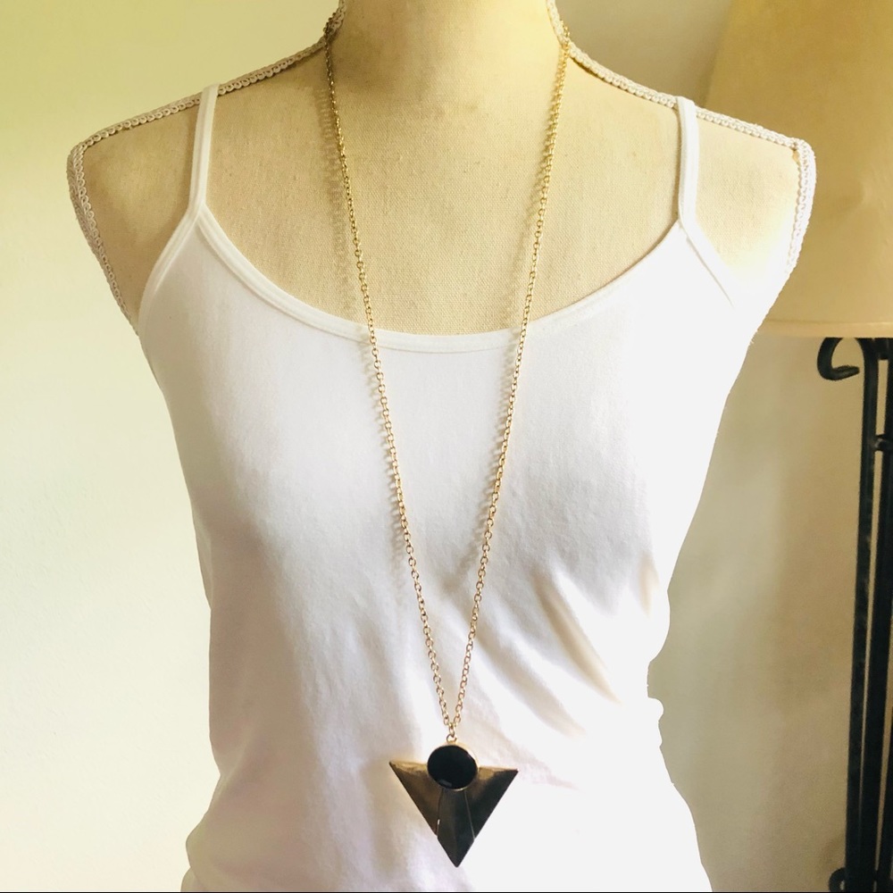 Tri-tone dagger style amulet faceted stone long length chain necklace